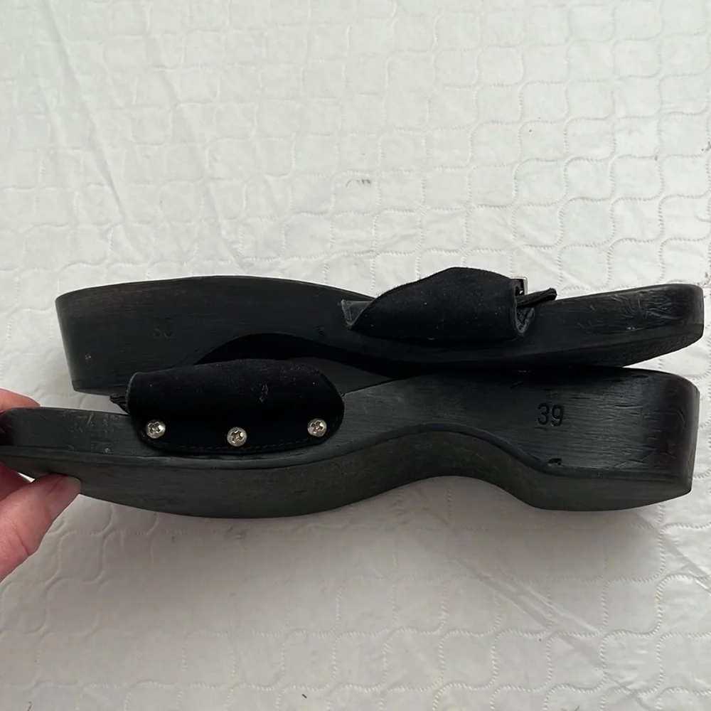 Chanel 2000s black wood slide logo sandals